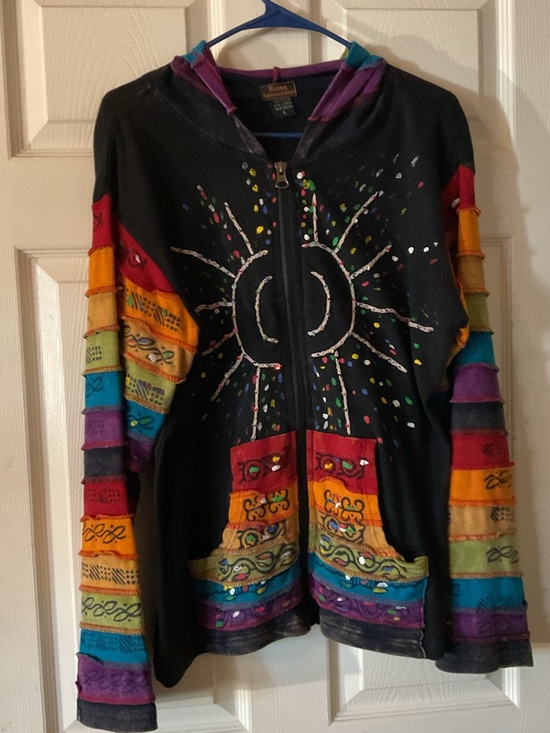 Rising International Tops - Rising International Hand-Painted Sun Zip Hoodie with Patchwork size-Large